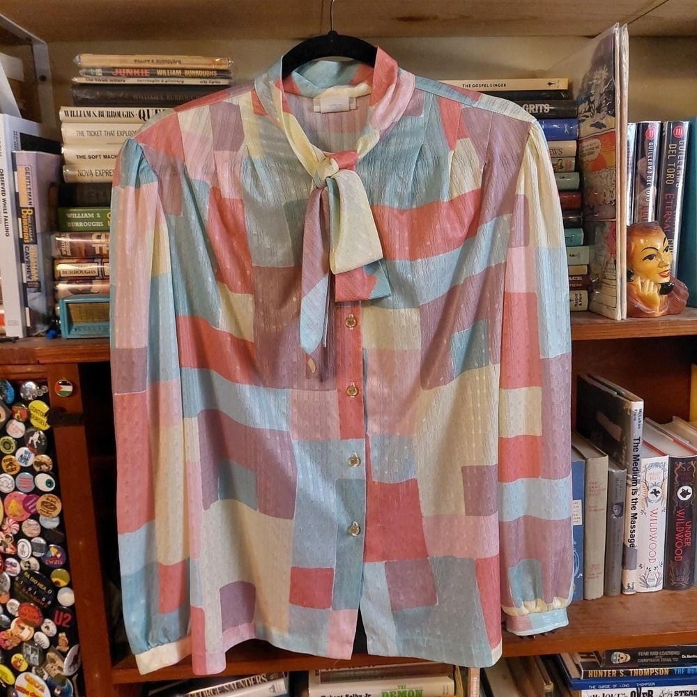 Vintage 1980s made in USA pastel button up with ribbon neck detail